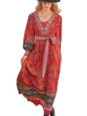 Sundance Le Grand Amour Red Orange Paisley-Trim Maxi Dress Size L
